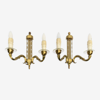 Pair of brass and glass sconces with two arms of light