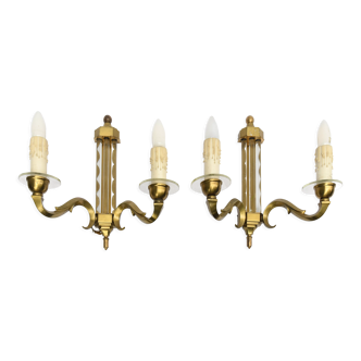 Pair of brass and glass sconces with two arms of light