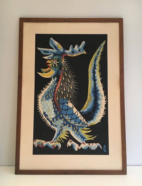 Impression représentant un coq. Travail français signé Jean Lurçat. Vers 1970