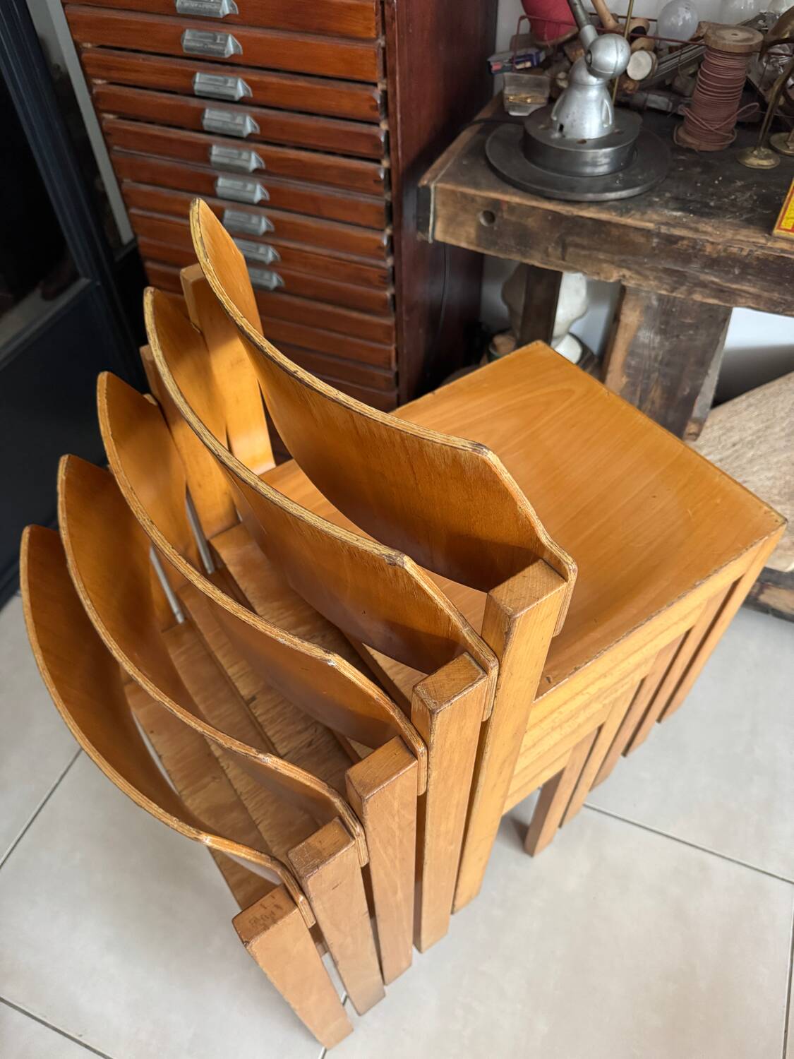 5 vintage stackable chairs — Rainer Schell Schlapp Möbel 1960s