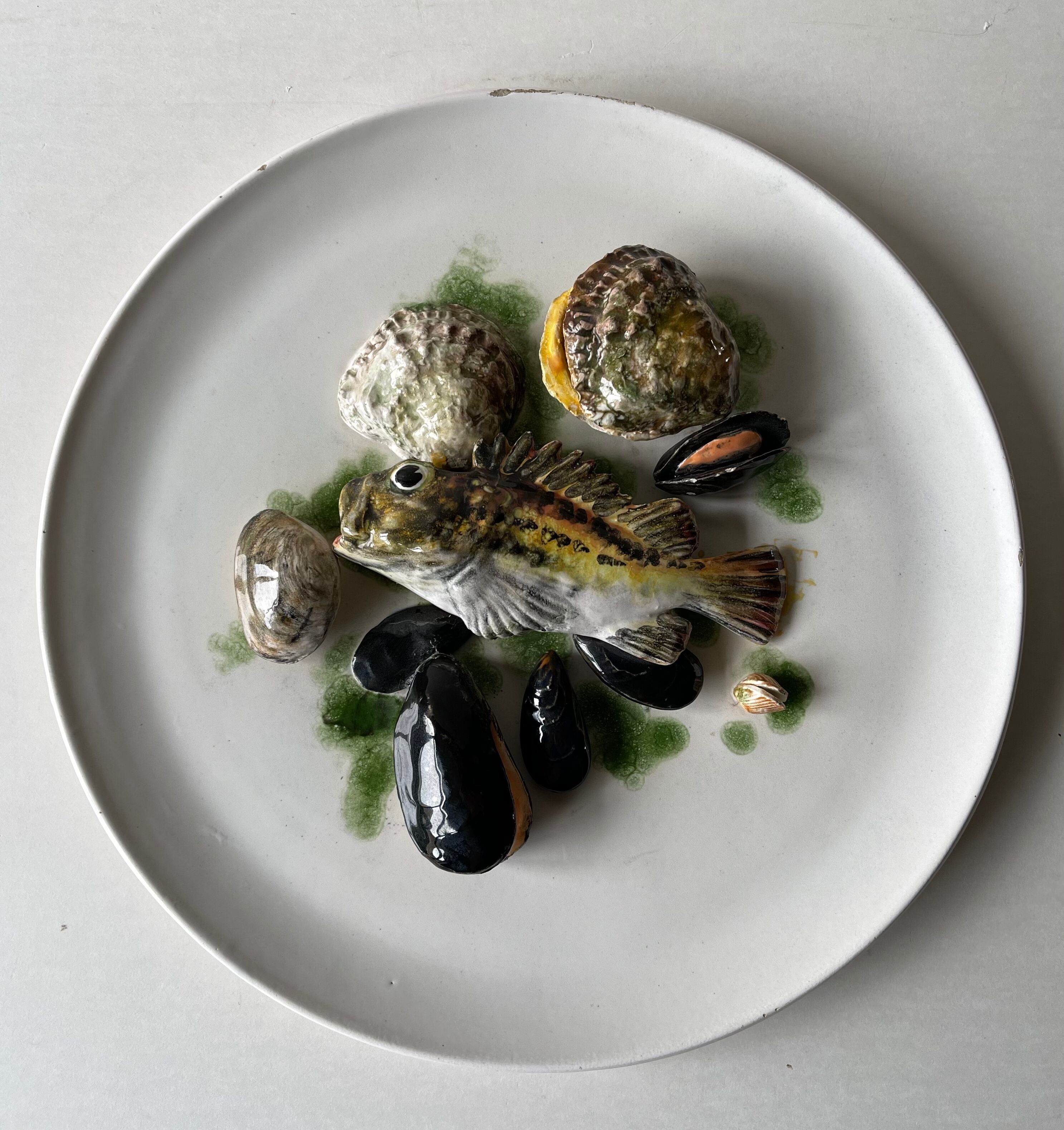 Vintage seafood barbotine dish