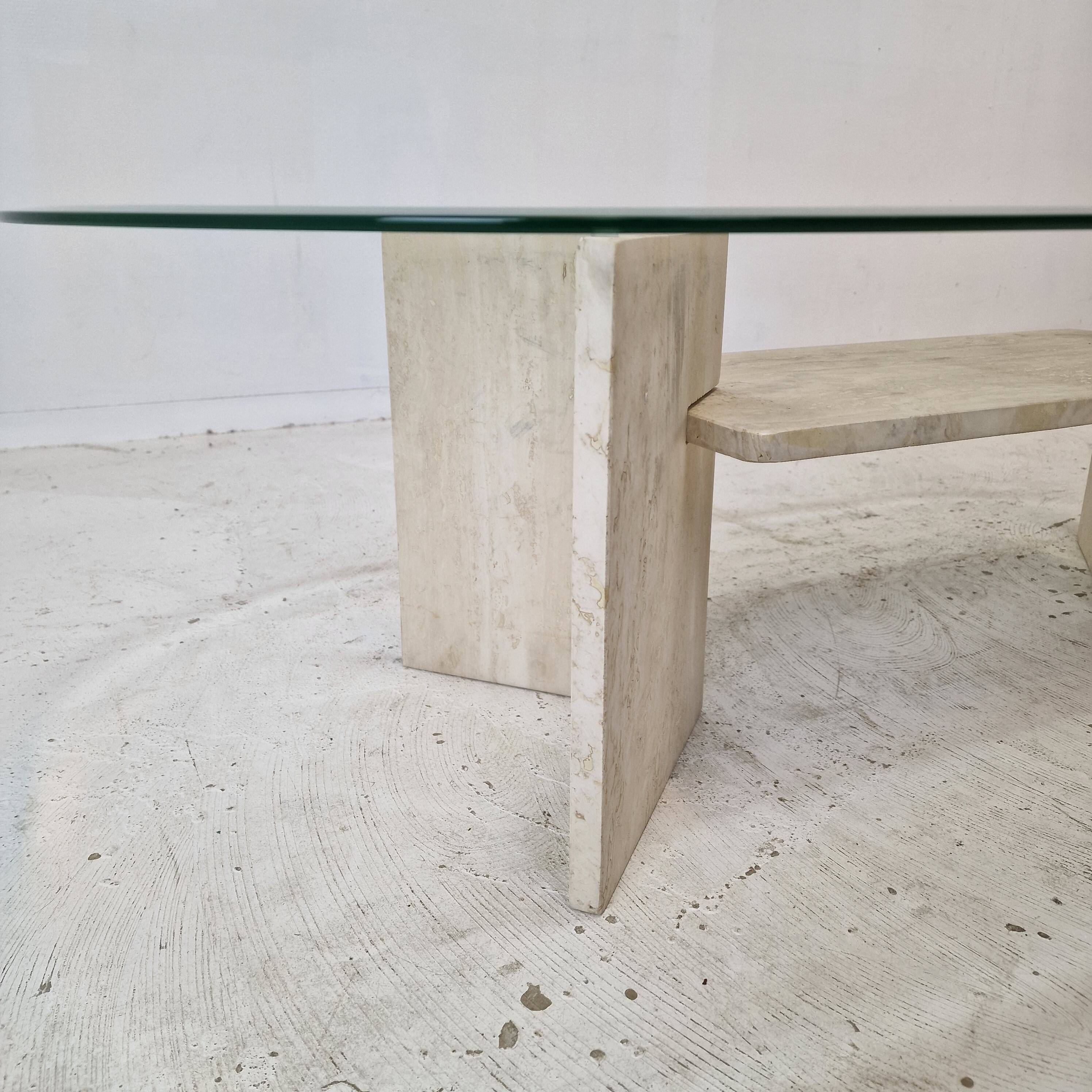Italian Coffee Table in Travertine and Facet Cut Glass, 1980s