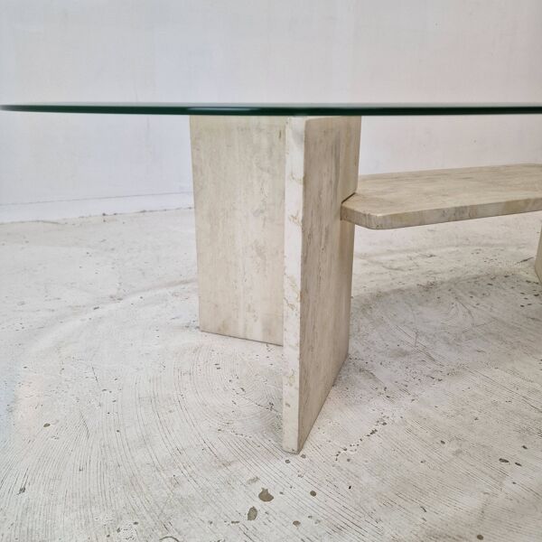 Italian Coffee Table in Travertine and Facet Cut Glass, 1980s