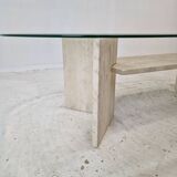 Italian Coffee Table in Travertine and Facet Cut Glass, 1980s
