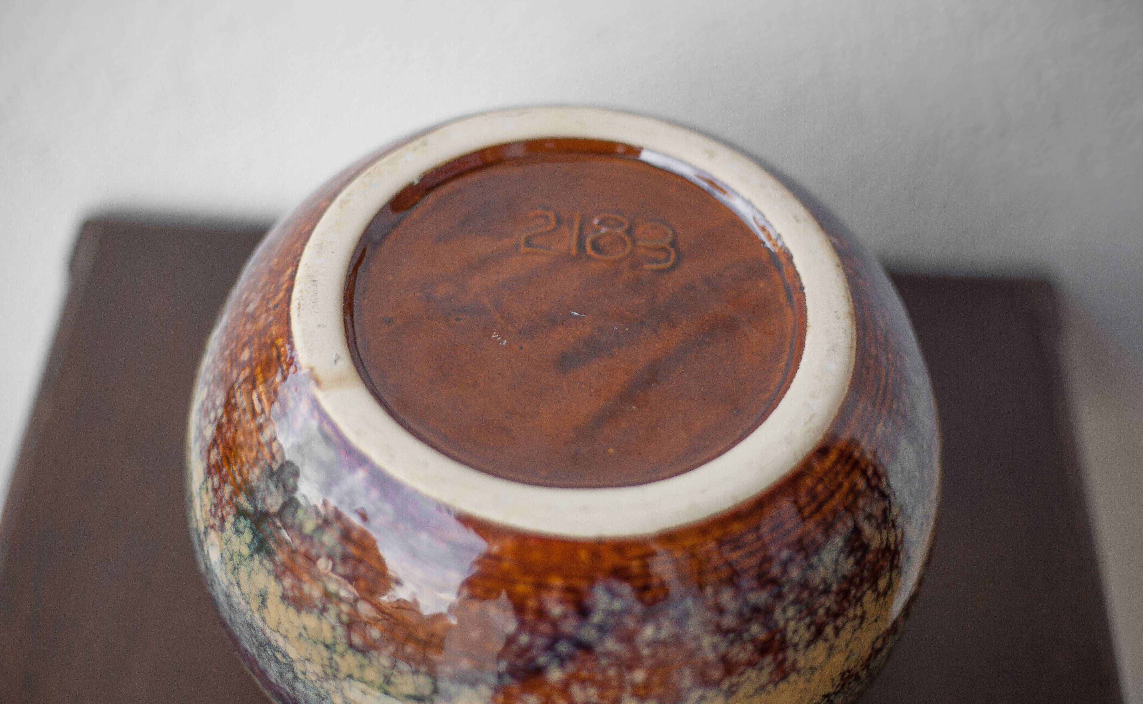 Striated glazed ceramic vase, ball vase, flower pot, interior decoration, collection, 70's