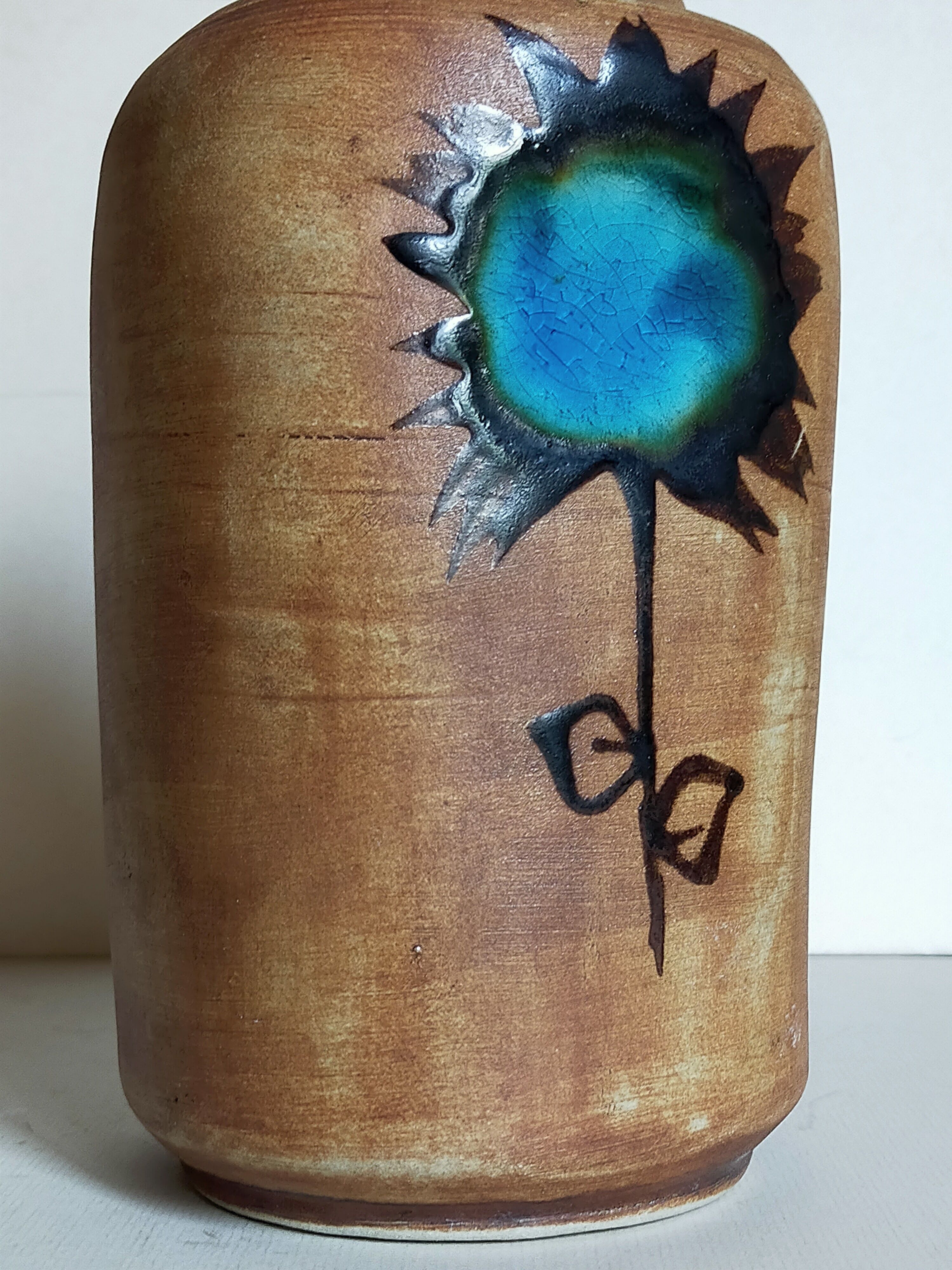 Ceramic vase "Poterie du Colombier" vintage blue sun