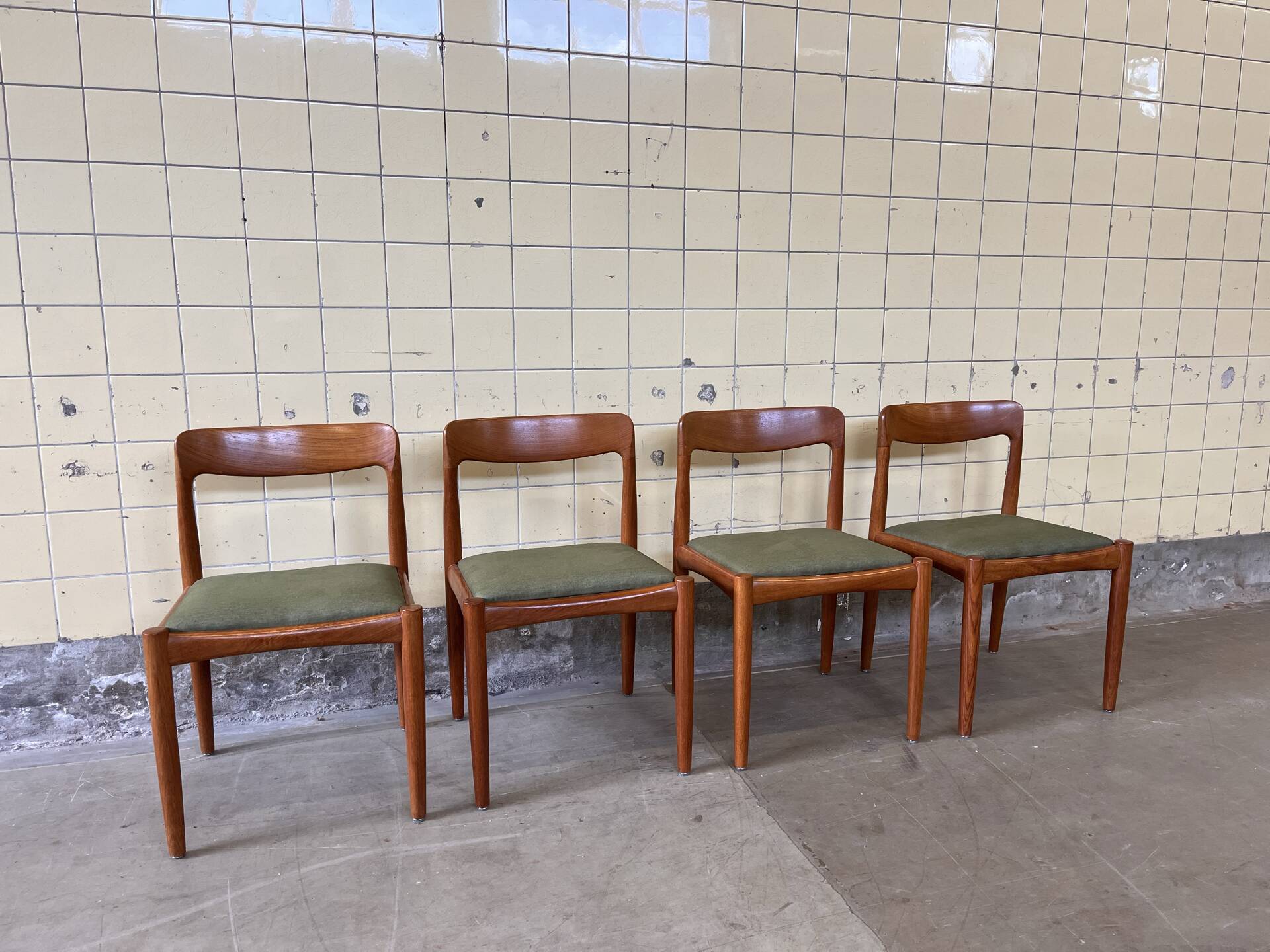 Set of four vintage solid teak dining chairs