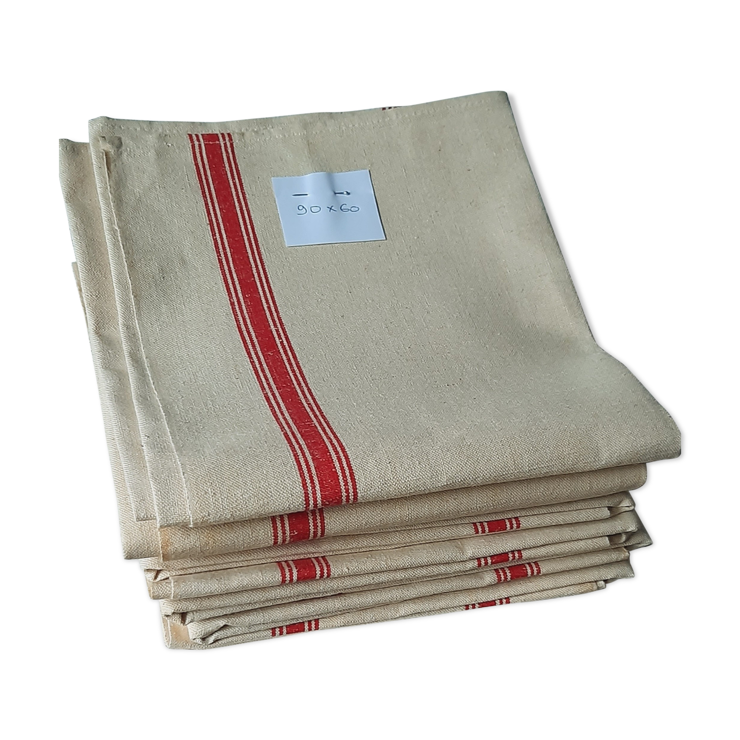 Set of 6 old tea towels metis color ecru red stripes