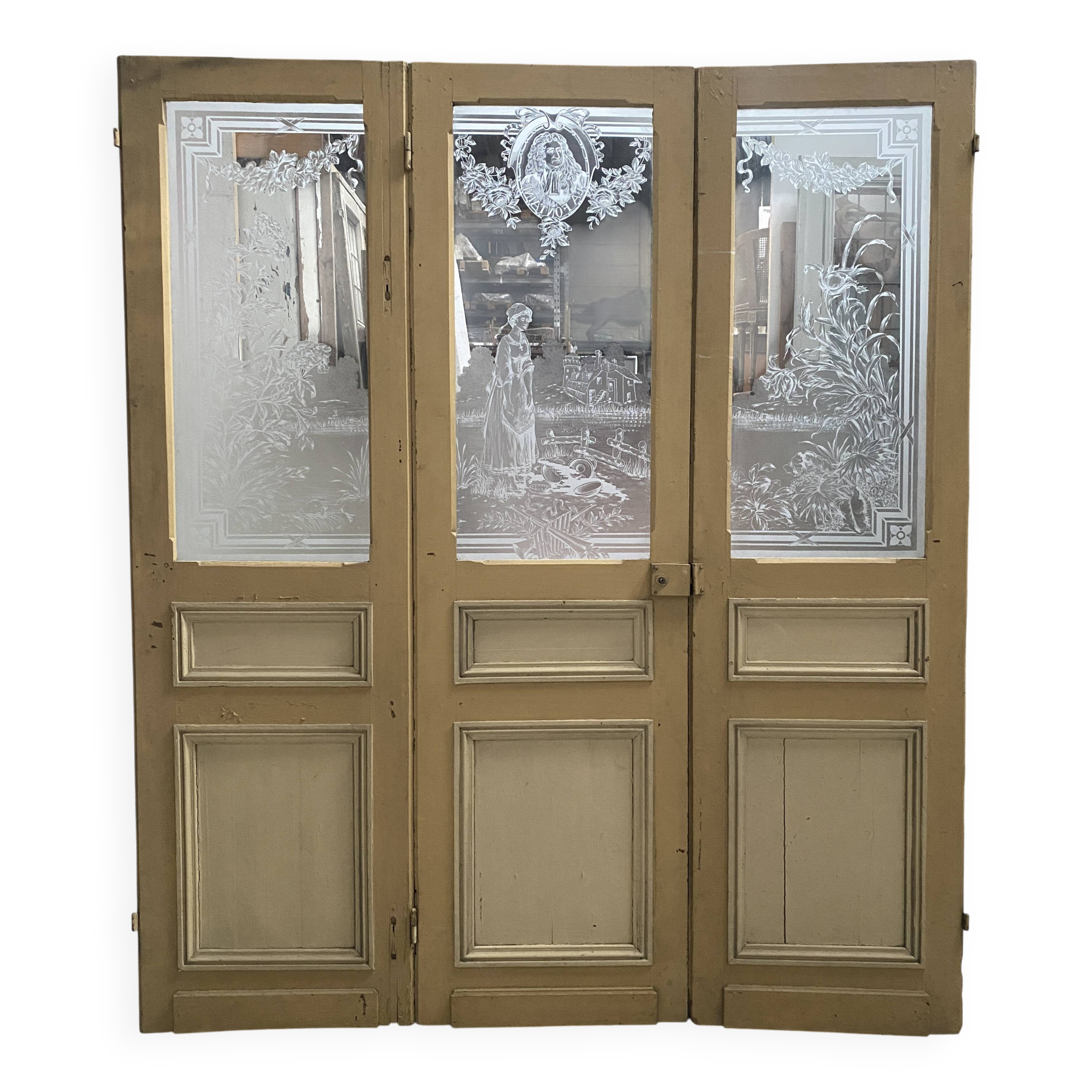 Set of three Art Nouveau 20th-century wooden and etched glass partition doors