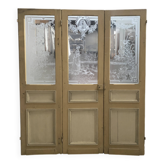 Set of three Art Nouveau 20th-century wooden and etched glass partition doors