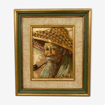 Oil signature panel to identify asiart old asian man pipe