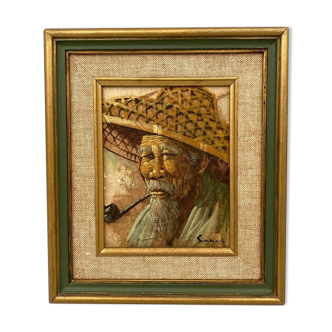 Oil signature panel to identify asiart old asian man pipe