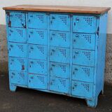 Casier ancien en métal bleu avec plateau bois