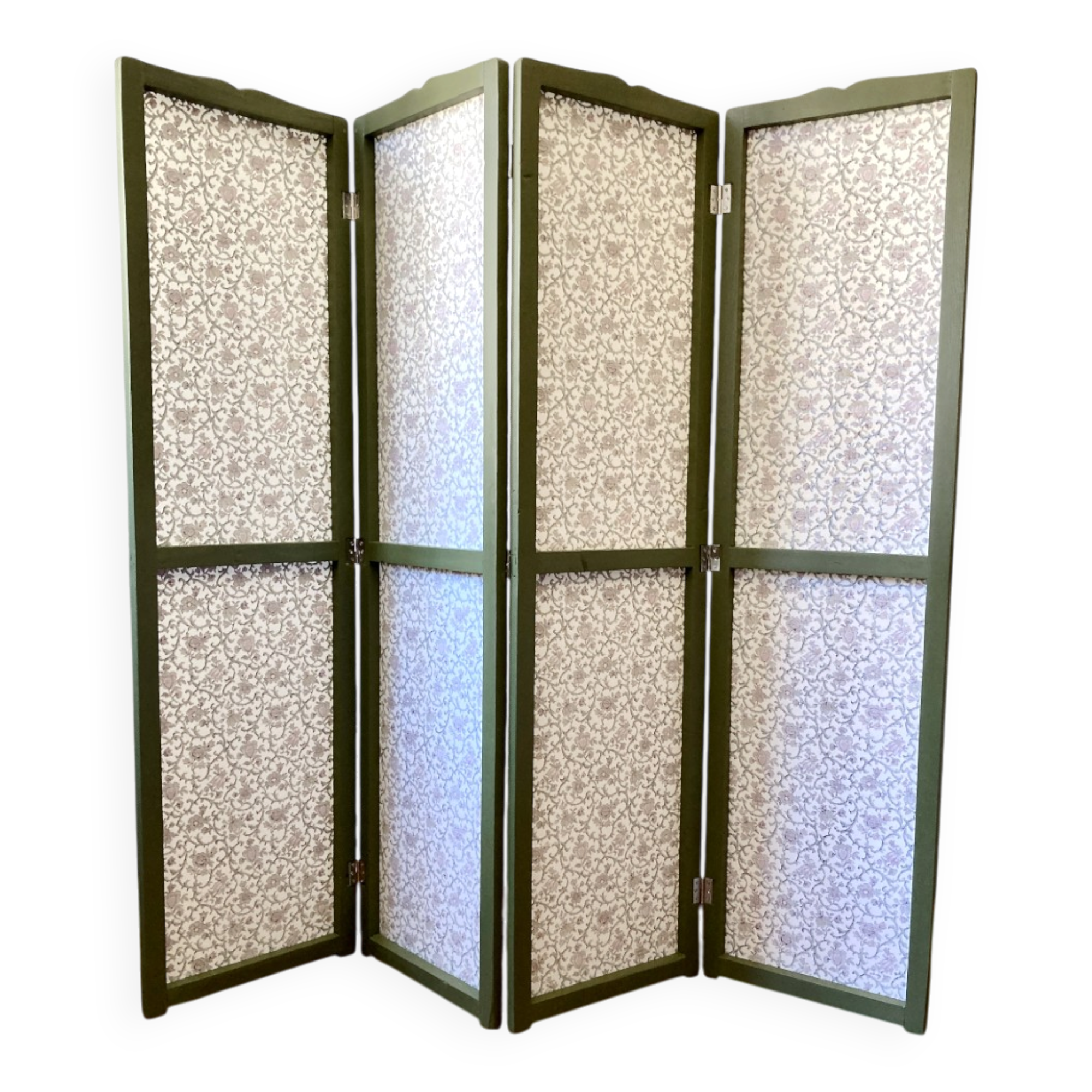 Antique 4-panel screen in pine, restored, "Grand Teint furniture" fabric.
