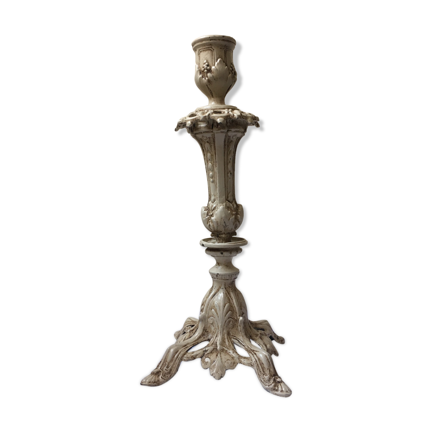 Large candle holder in patinated white painted metal