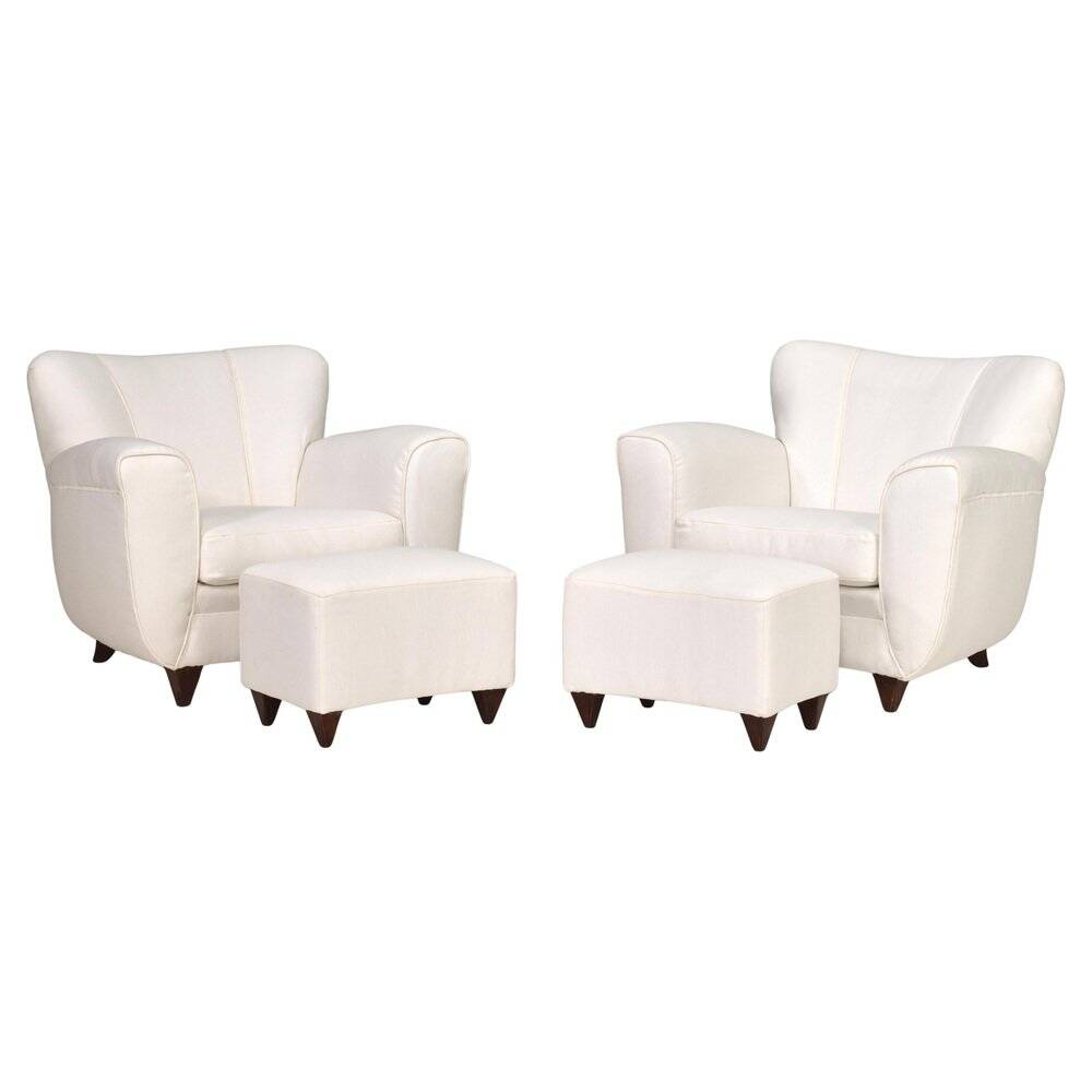 2 sets of Italian armchair with pouf in white fabric, Italy, 1940s