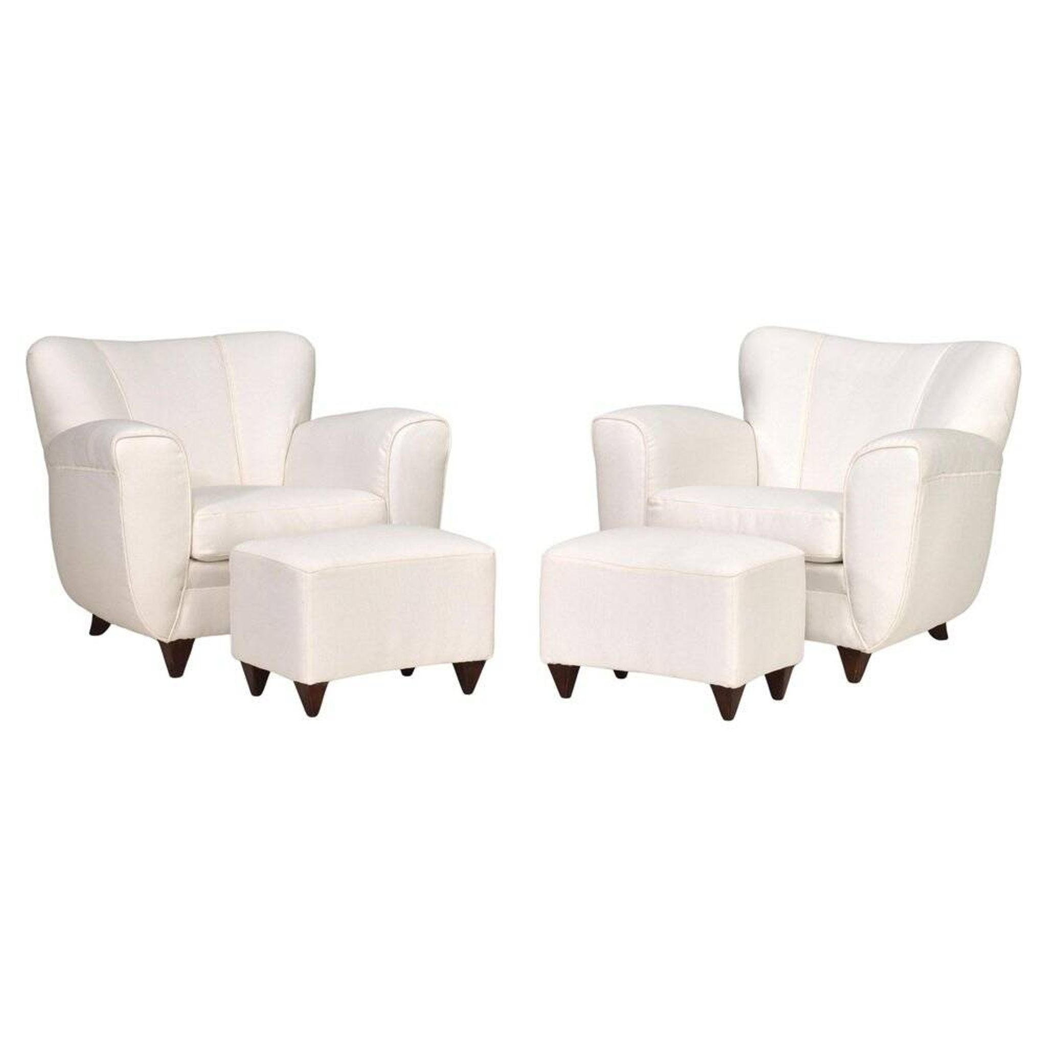 2 sets of Italian armchair with pouf in white fabric, Italy, 1940s