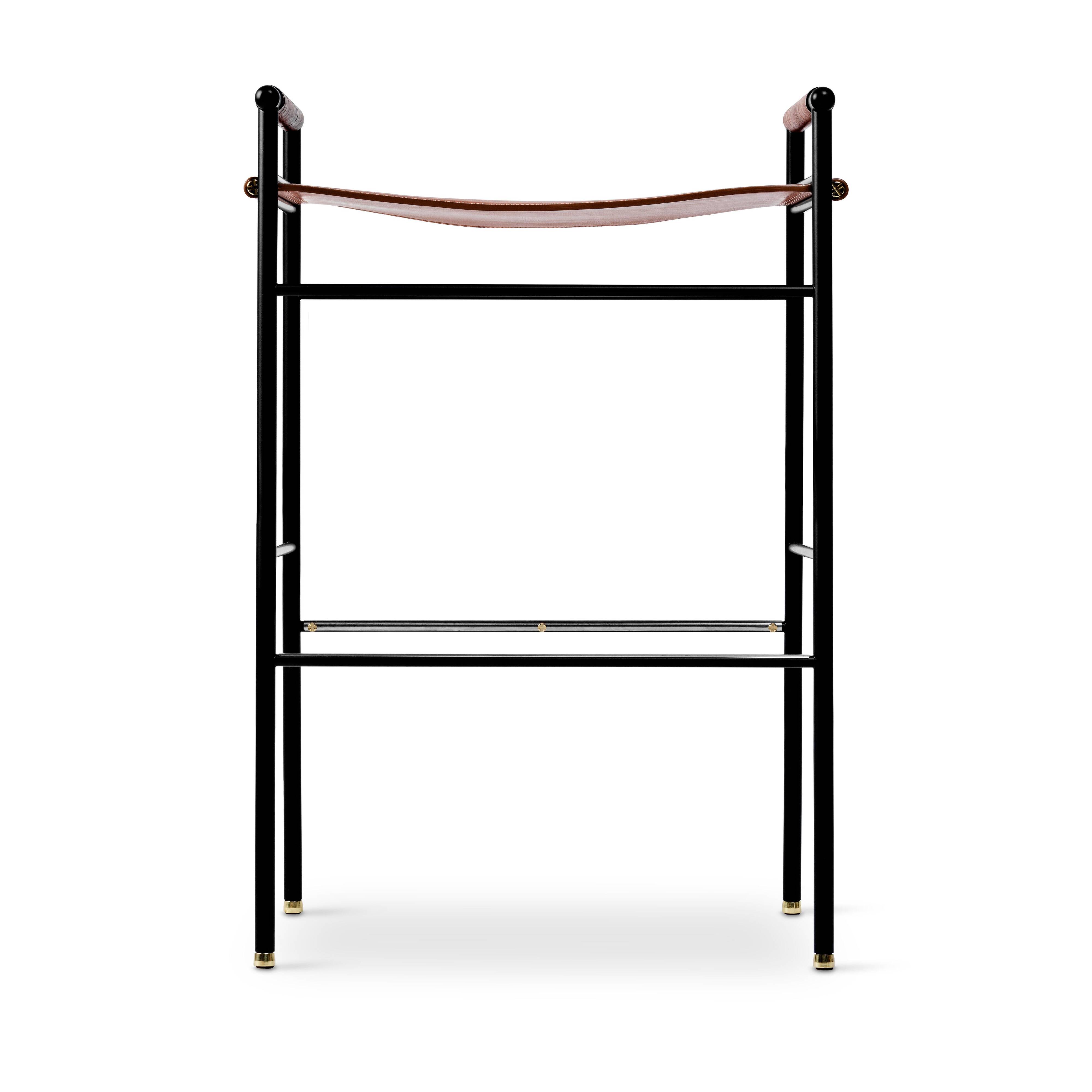 Set de 3 Taburetes de Bar Contemporéanos Piel Tabaco Natural y Metal Caucho Negro