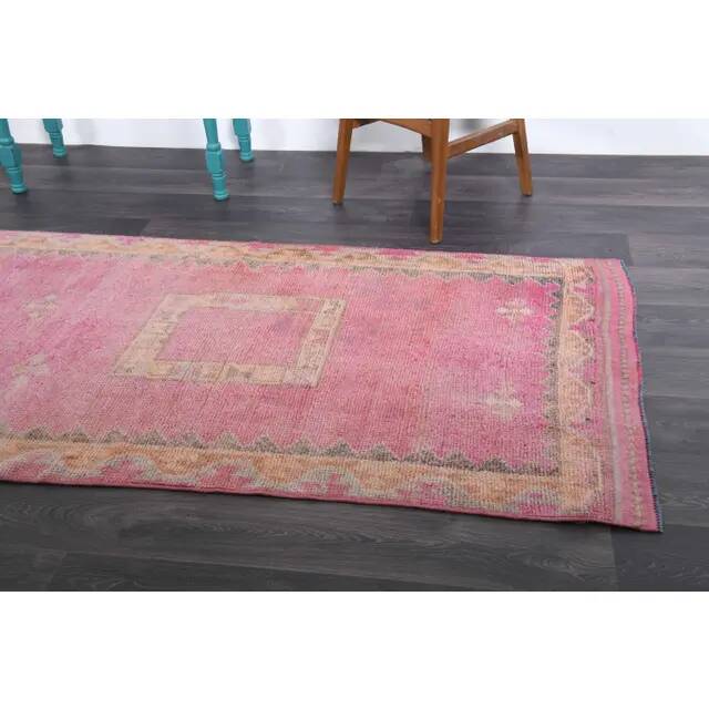 1970s Vintage Turkish Hand-Knotted Wool Cotton Pink Runner Rug 110x361