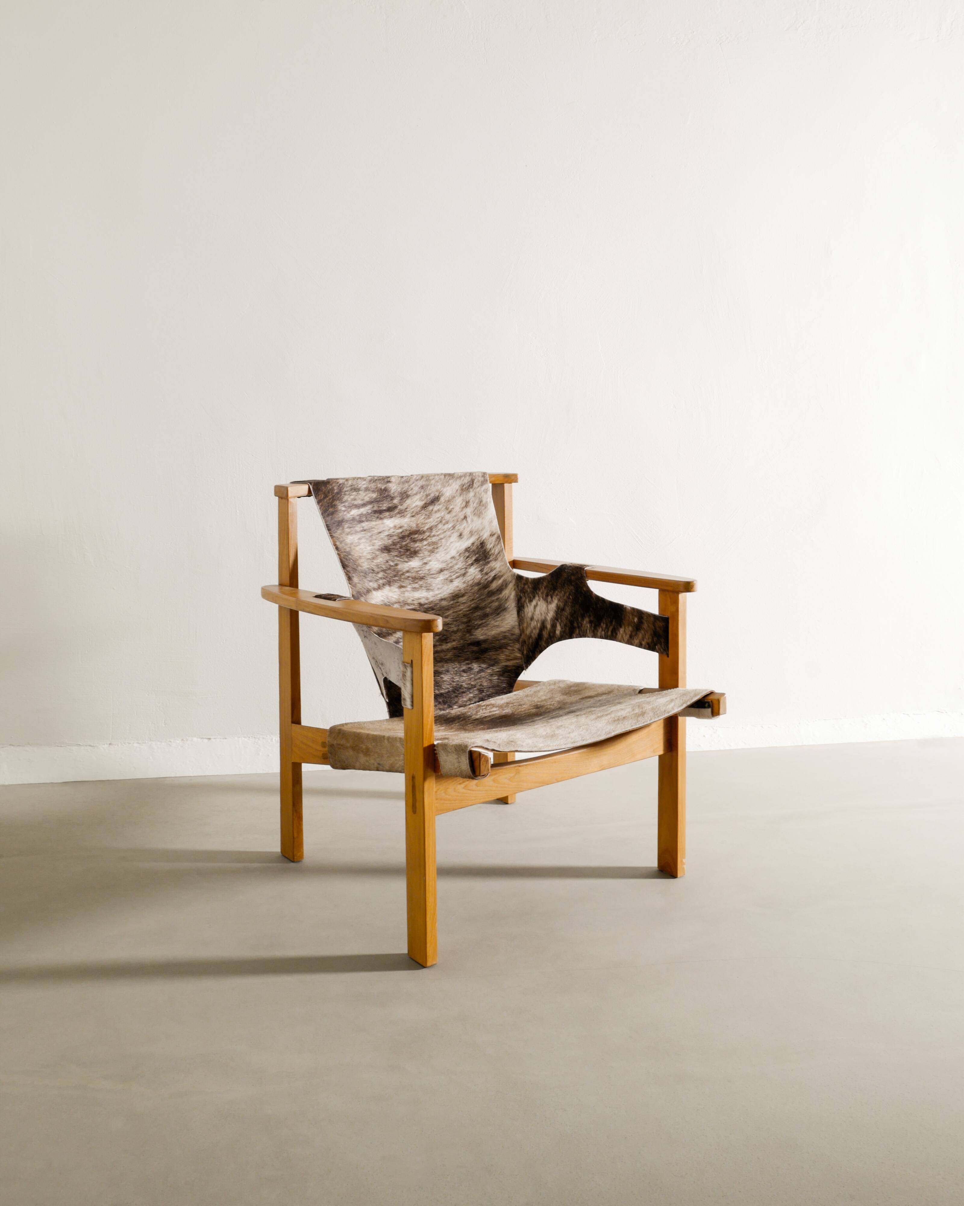 Vintage Swedish Carl-Axel Acking Wooden "Trienna" Armchair Cowhide, 1950s