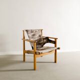 Vintage Swedish Carl-Axel Acking Wooden "Trienna" Armchair Cowhide, 1950s
