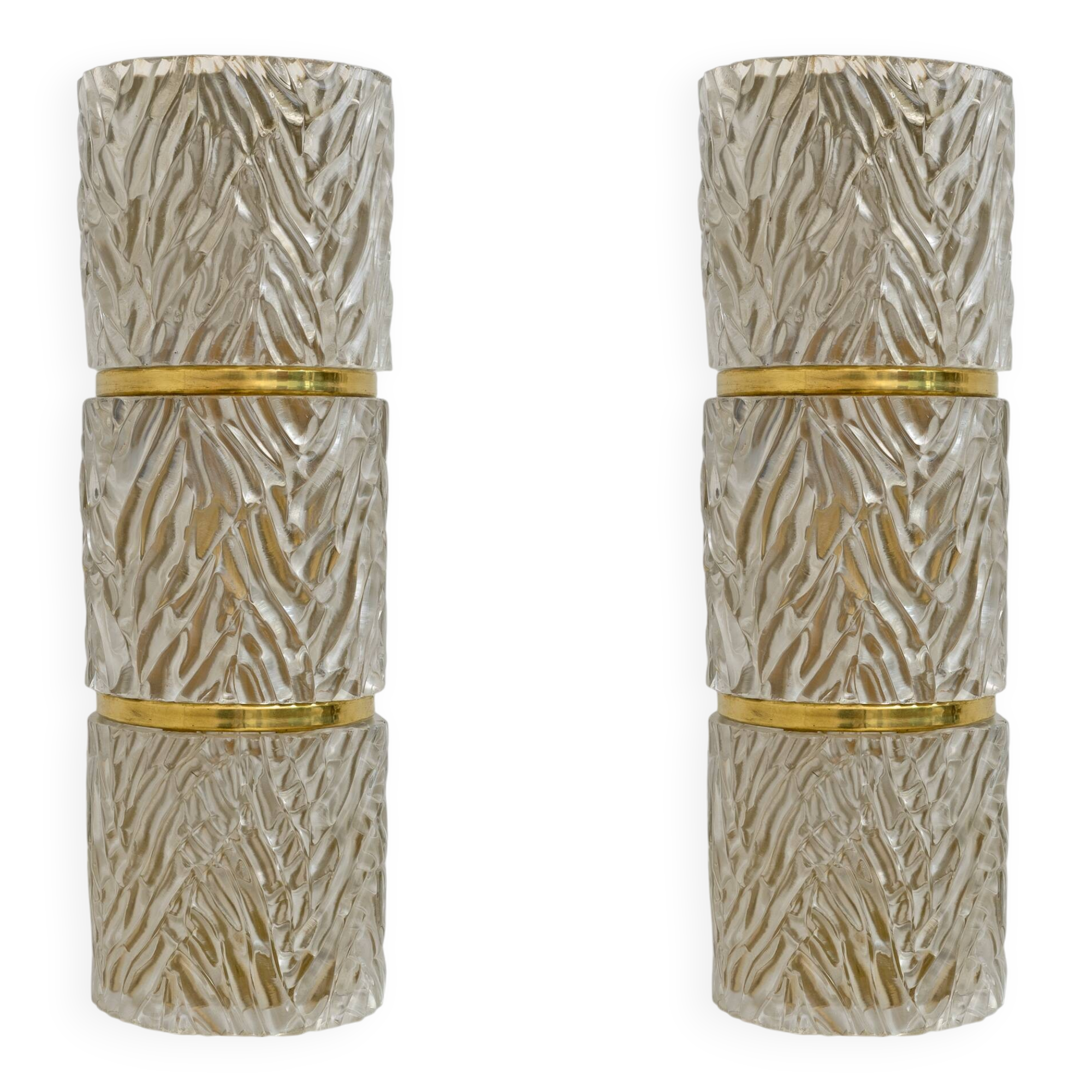 Pair of Modern Italian Brass and Murano Glass Textured Wall Sconces