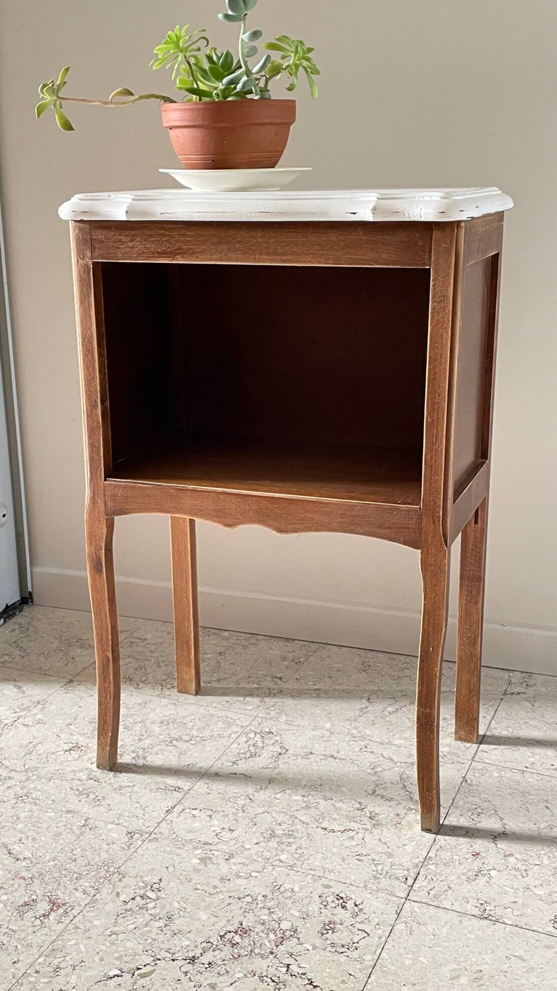 Vintage wood and white bedside table