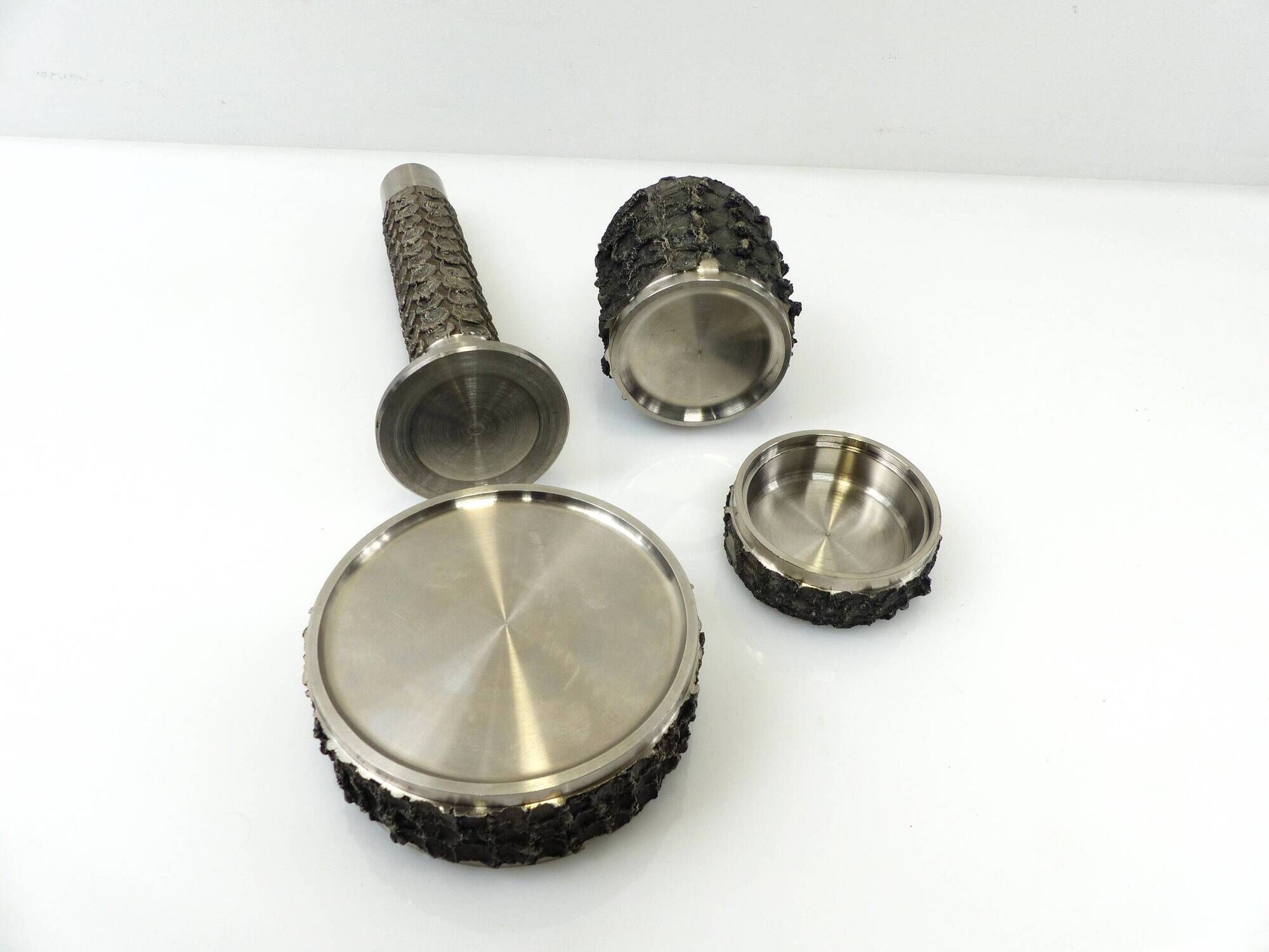 Brutalist metal BMF set – Ashtray, cigarette box and vase