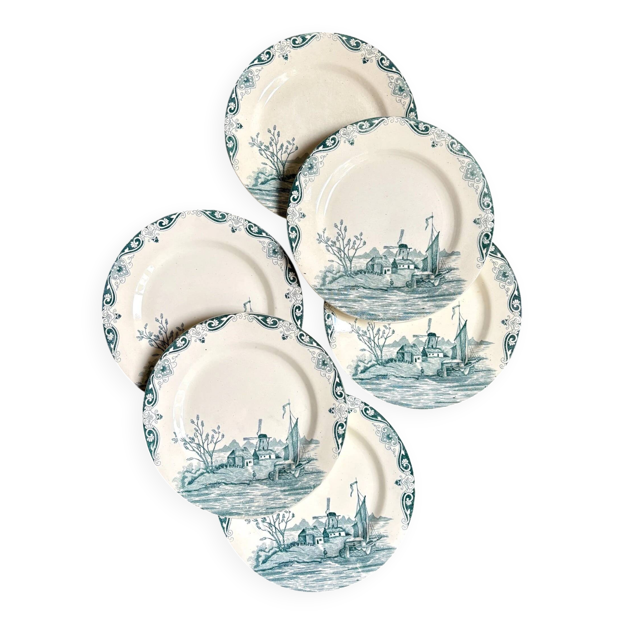 6 assiettes plates n°2 Salins en terre de fer, service "Delft"