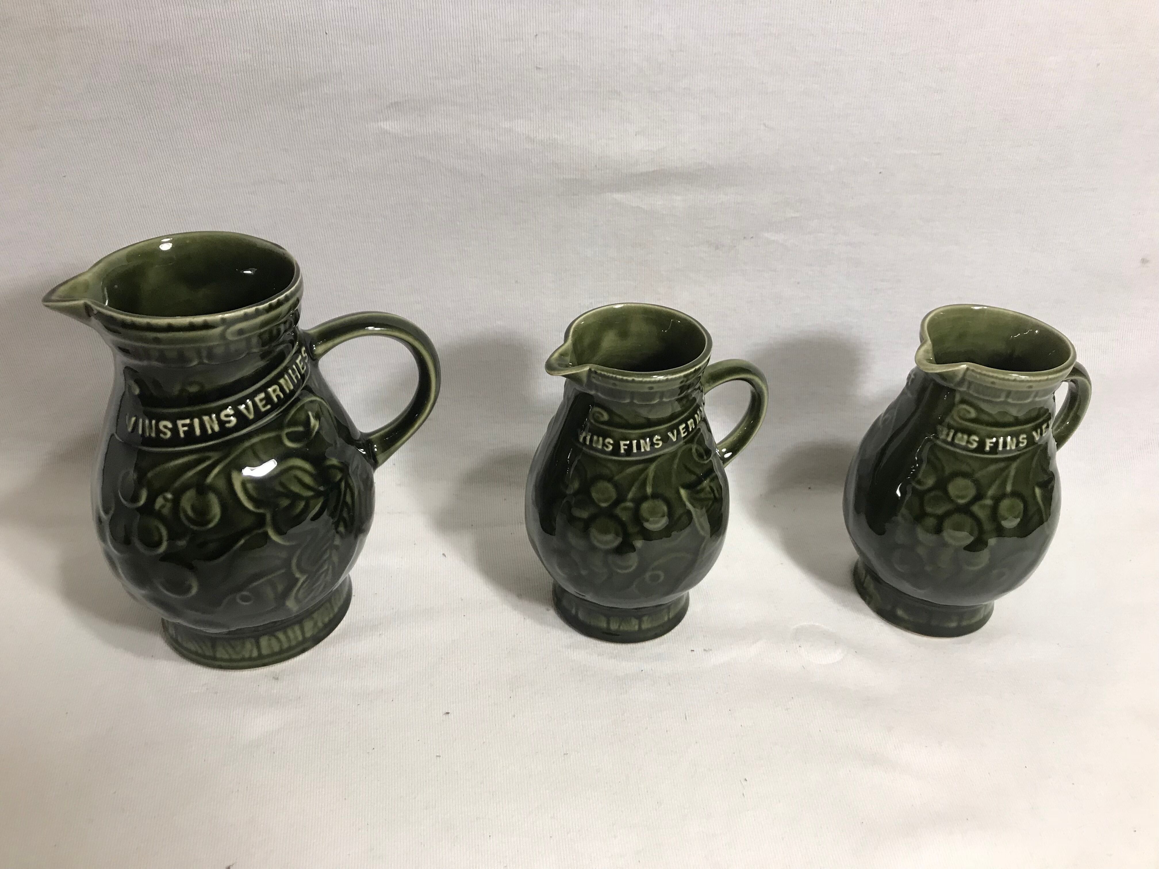 Lot 3 old pitcher SARREGUEMINES FRANCE ceramic green kitchen Vintage