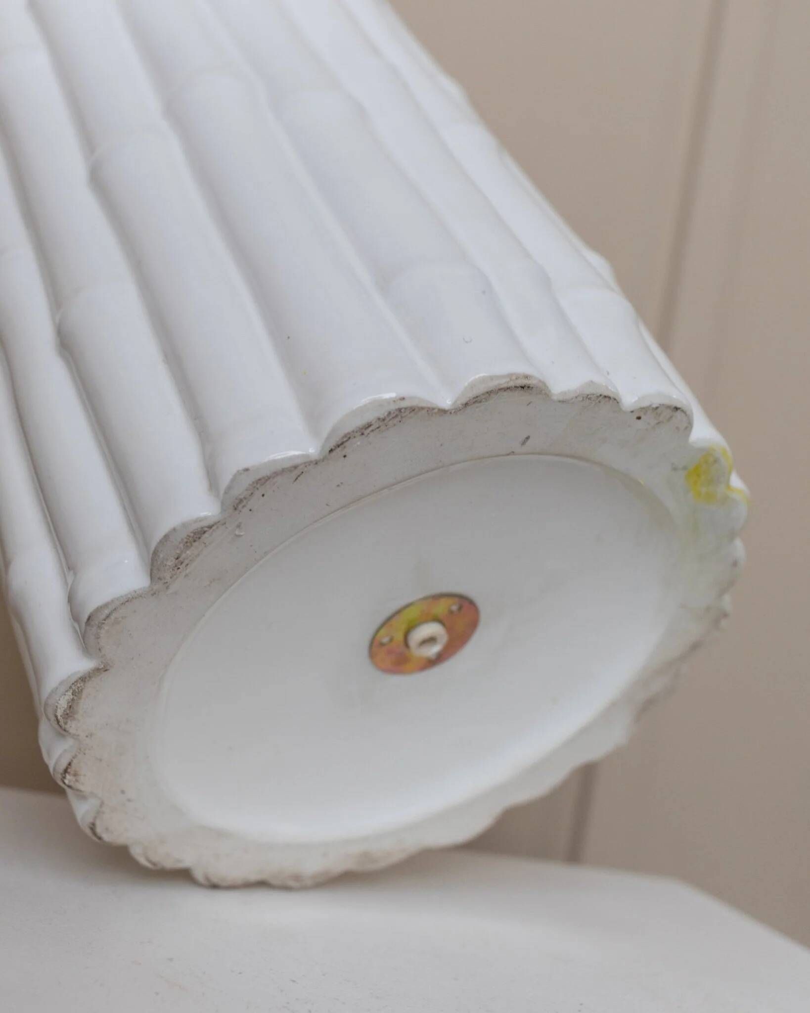 Vintage table lamp Tommaso Barbi - white ceramic, bamboo effect, Italy 1970s, handmade, Hollywood Regency style, retro bedside lamp.