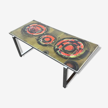 Coffee table in chromed metal and composition of ceramic tiles signed Denisco. Italian design