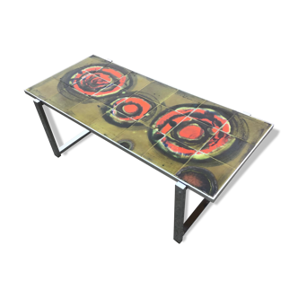 Coffee table in chromed metal and composition of ceramic tiles signed Denisco. Italian design