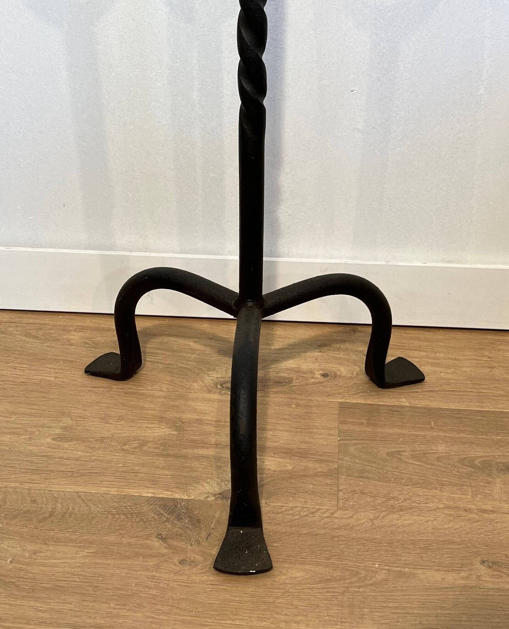 Pair of Iron Forged Candle Holders on a Stand with a Twisted Shaft and Ring. Work