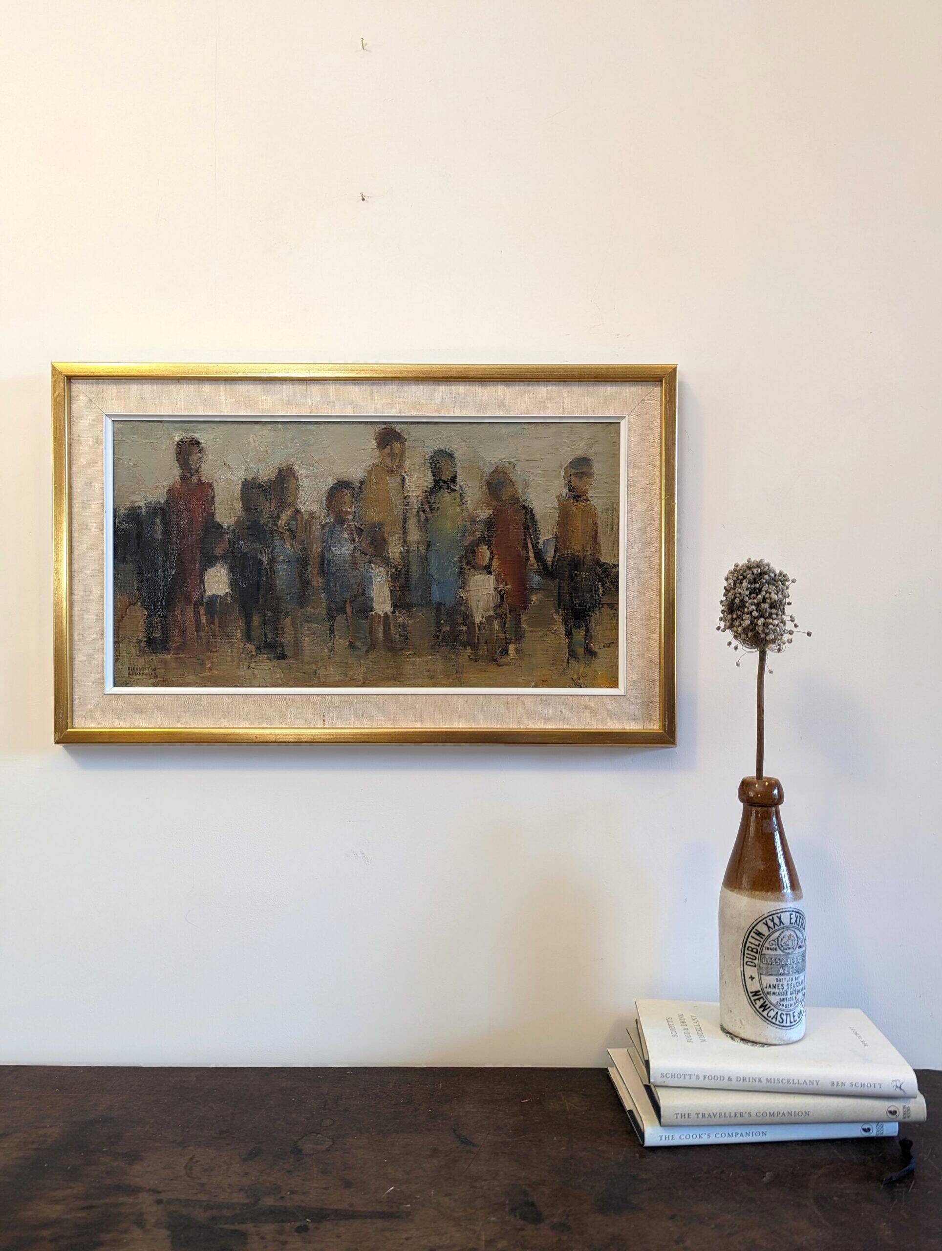 Mid-Century Modern Swedish "Assemble", Vintage Figurative Oil Painting, Framed