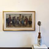 Mid-Century Modern Swedish "Assemble", Vintage Figurative Oil Painting, Framed