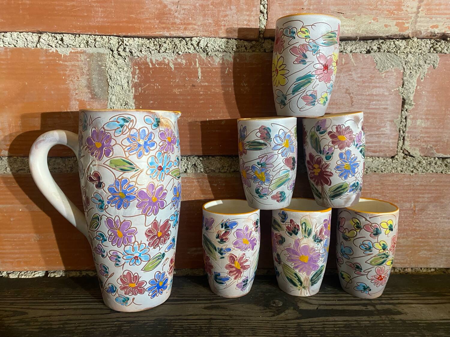 Orangeade Service VALLAURIS Ceramic Flowers Pitcher + 6 Vinta Glasses