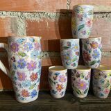 Orangeade Service VALLAURIS Ceramic Flowers Pitcher + 6 Vinta Glasses