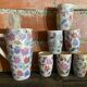 Orangeade Service VALLAURIS Ceramic Flowers Pitcher + 6 Vinta Glasses