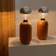 Pair of XXL Domus table lamps in marron wood with chrome globe bulbs