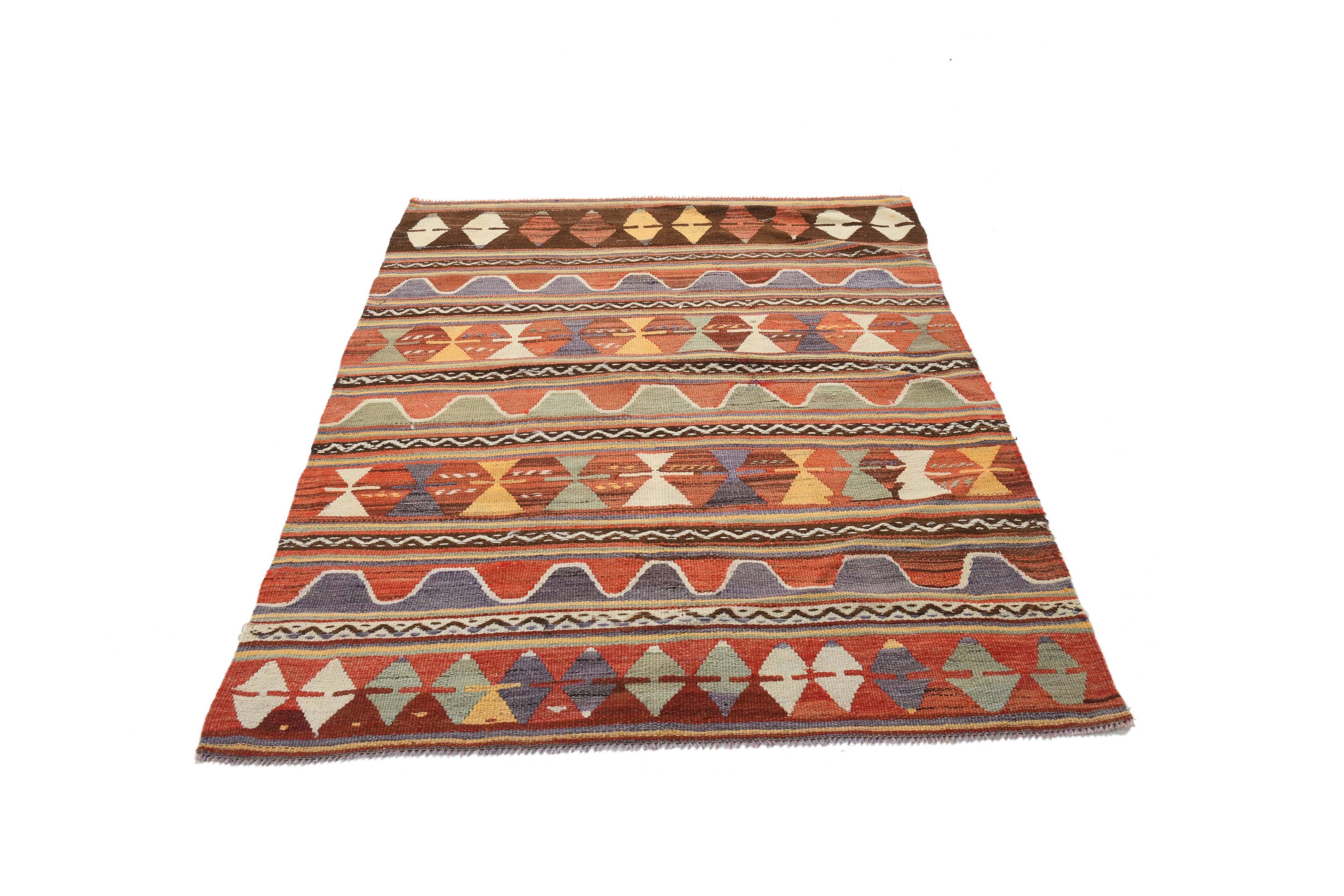 4x6 Green & Red Geometric Vintage Kilim Rug, 123x169Cm