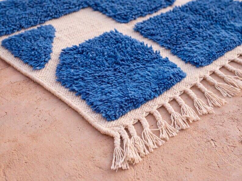 Authentic traditional white and blue Berber rug 2/3 m
