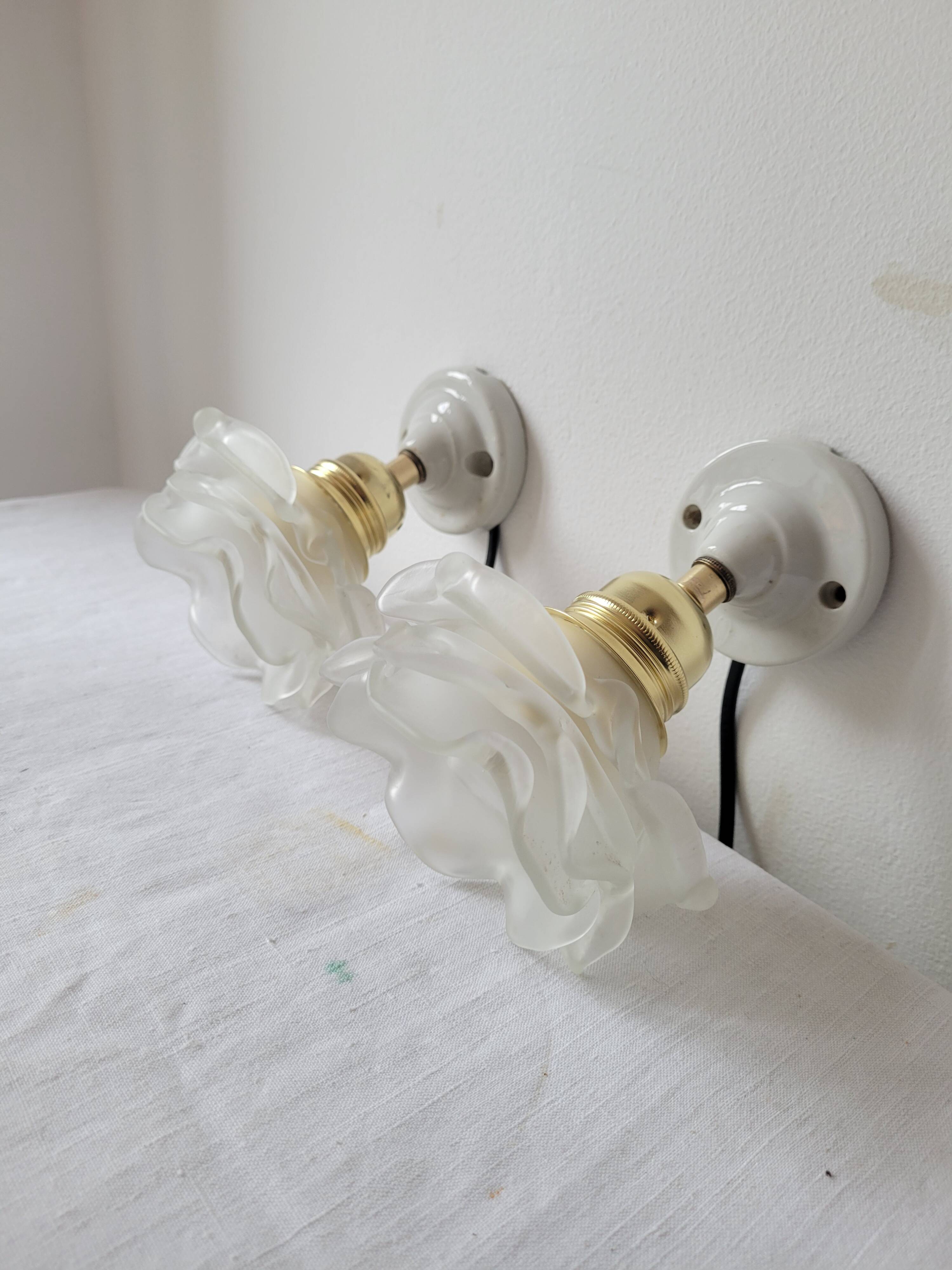 Duo of glass and porcelain flower wall lights