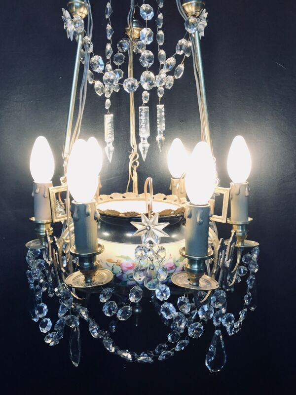 Lustre 6 lumières en cristal bronze et faïence