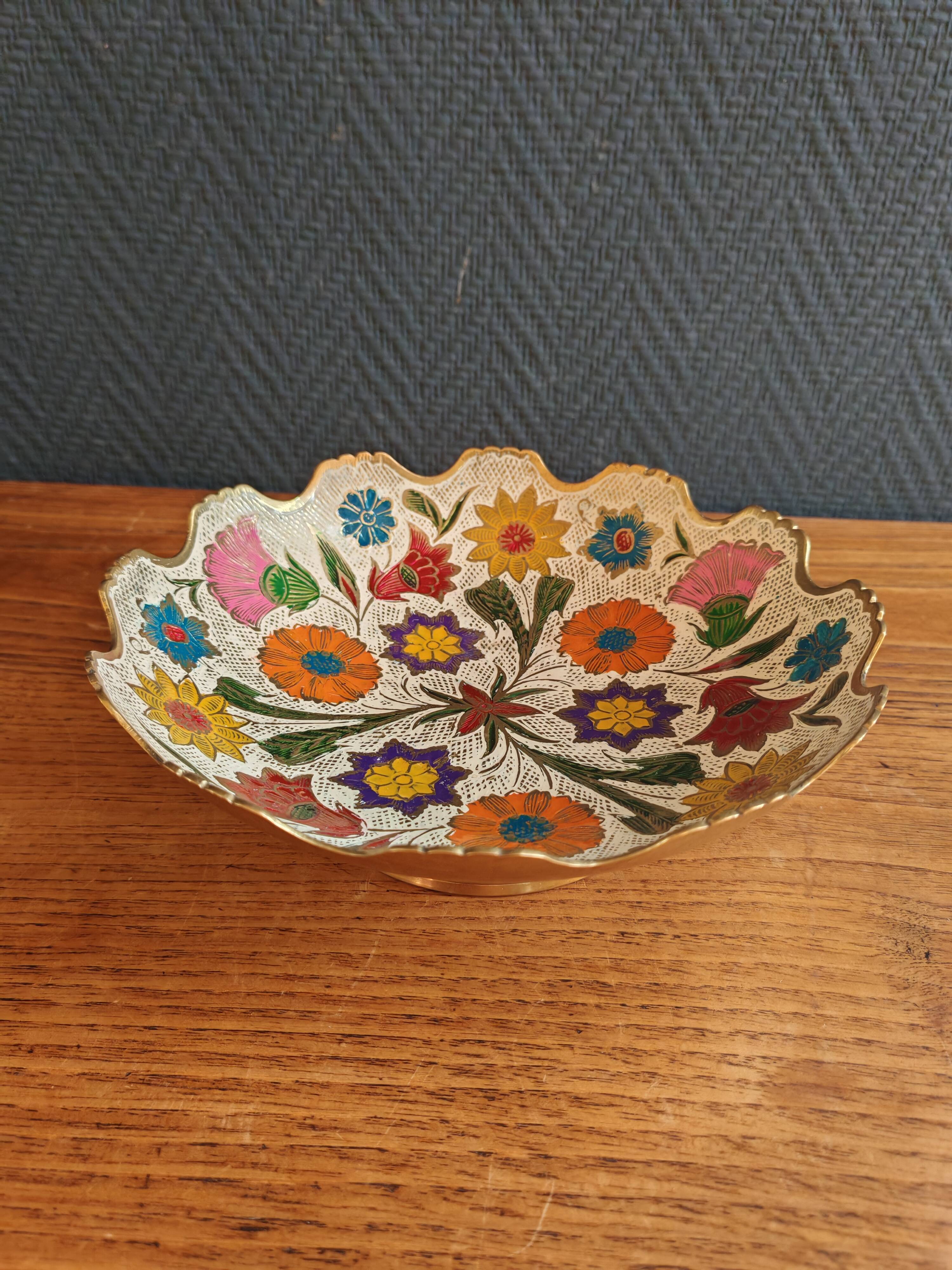 Vintage Enamelled Brass Fruit Bowl – Floral Centrepiece with Edge Fe