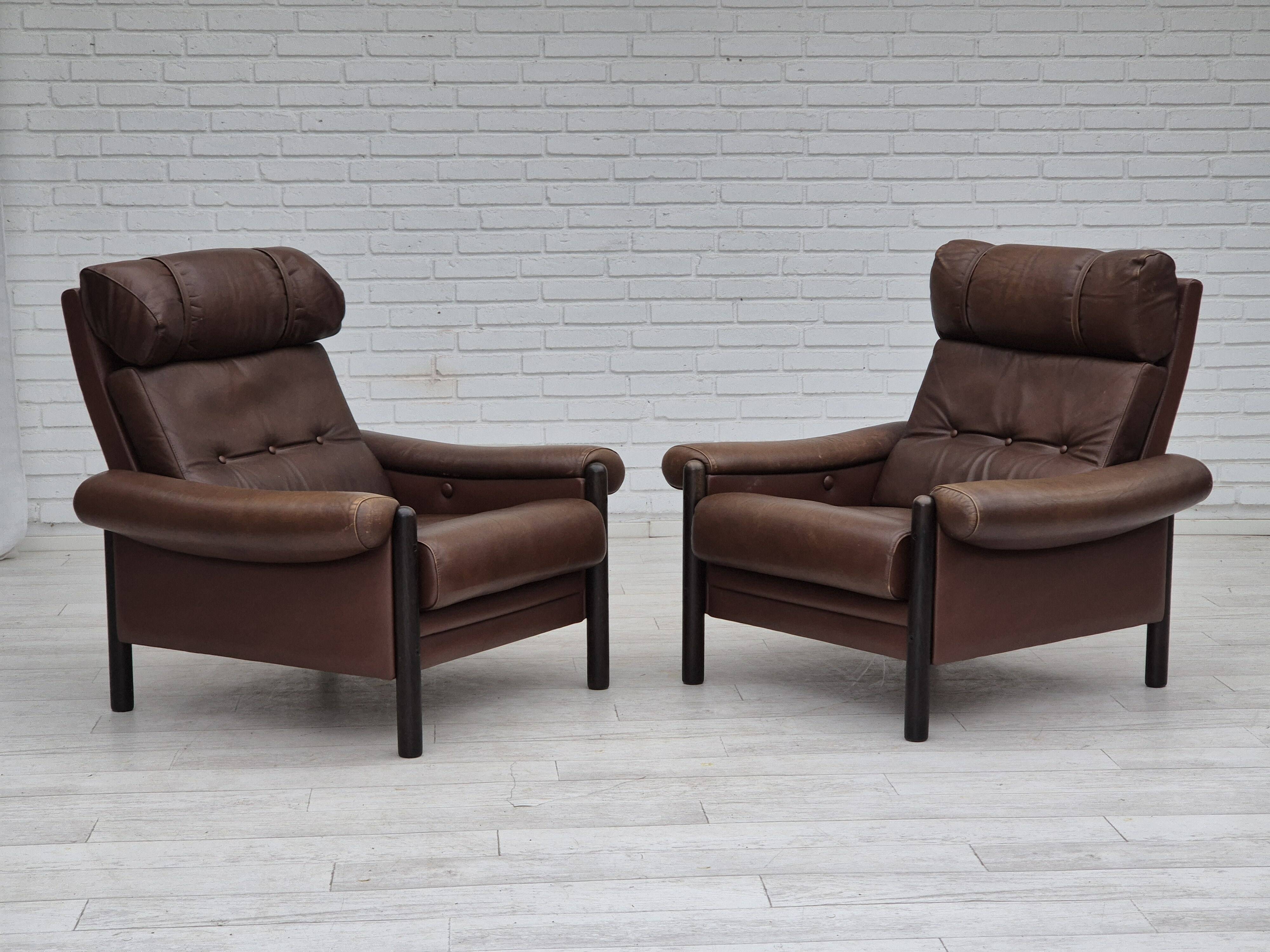1970s, Danish armchair, original condition, furniture leather, dark oak wood.