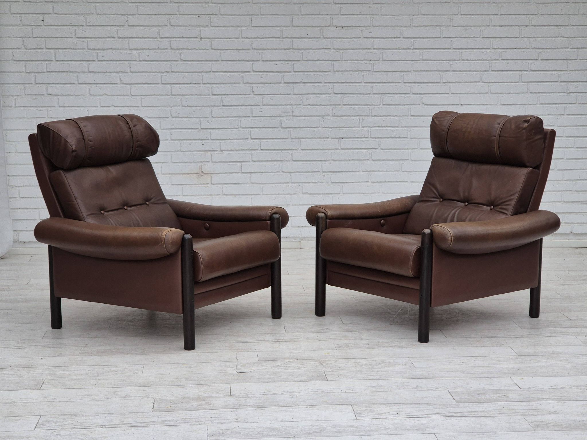 1970s, Danish armchair, original condition, furniture leather, dark oak wood.