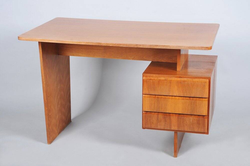 Mid-Century Walnut and Oak Writing Desk from B. Landsman, Czech, 1950s