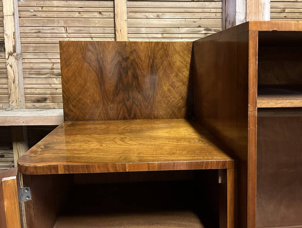 Asymmetrical wardrobe, Art Deco, 1930s walnut burl, wardrobe, shelves, drawers