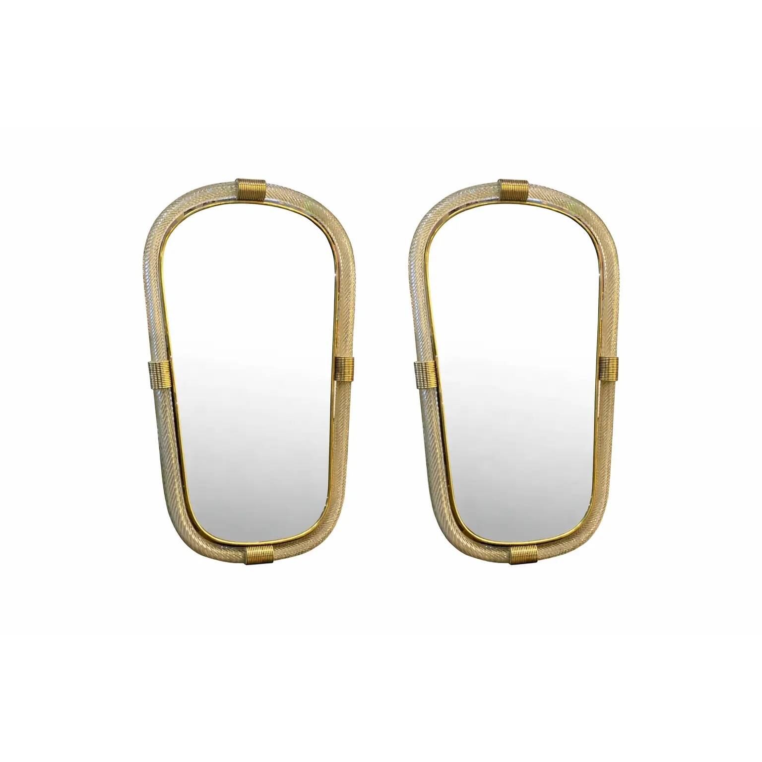 Elegant Pair of Murano Glass Mirrors in Gold Leaf, Italy, “Torciglione” Design